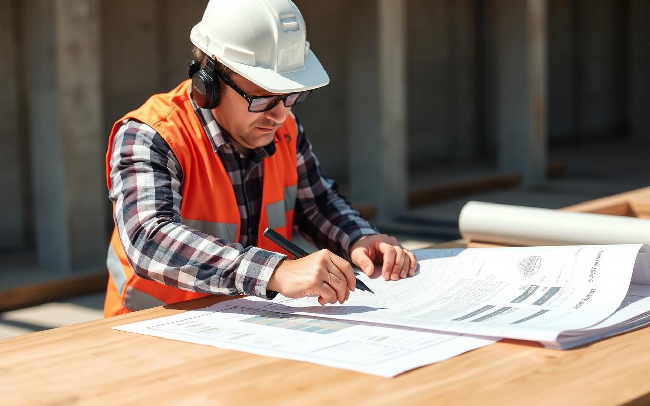 Quantity surveyor reviewing cost plans and blueprints on site for an AIQS skills assessment