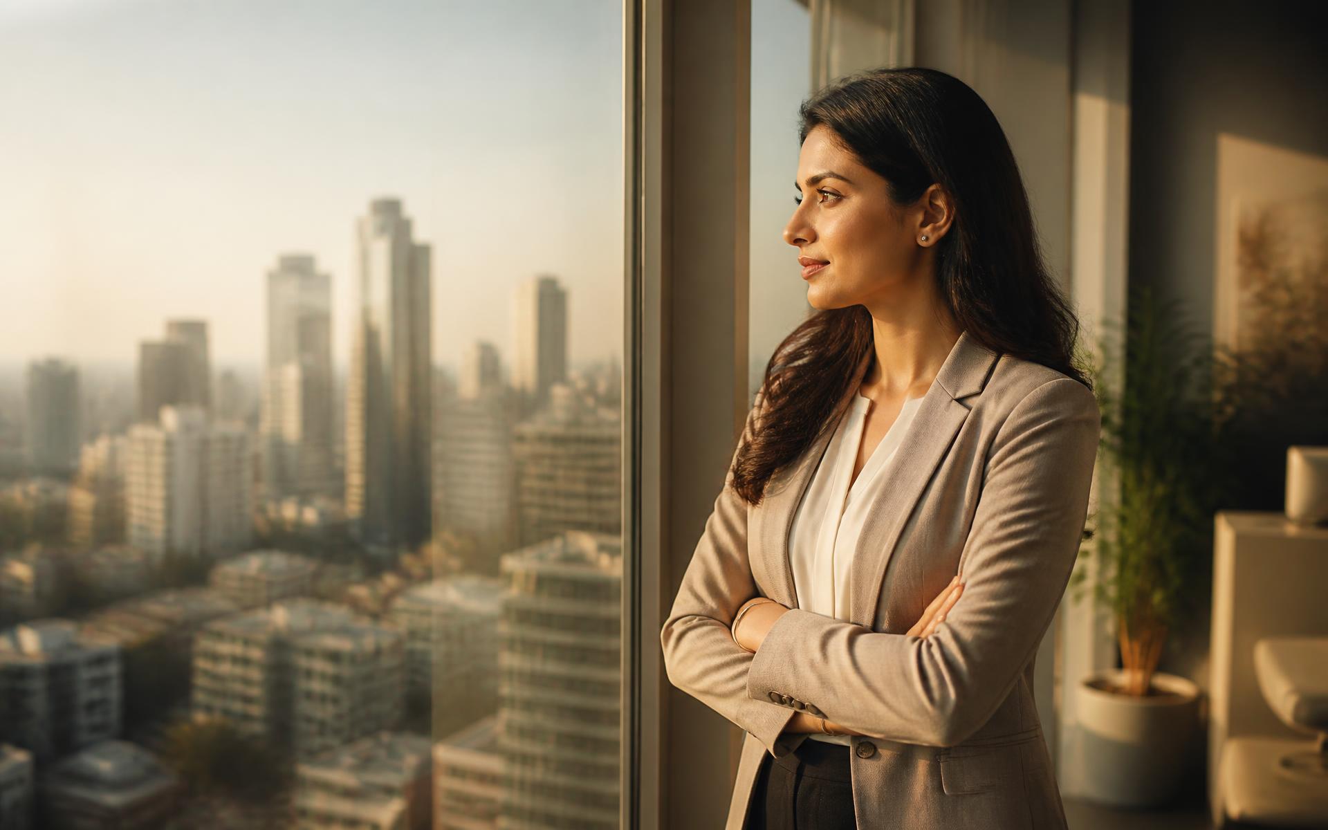 Skilled professional looking out over a city skyline while planning a permanent move abroad